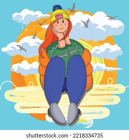 watercolor vector illustration a girl with red hair sits on an orange planet, clouds run and seagulls fly by, a girl in a yellow cap with the inscription love, an orange down jacket and a green sweate