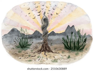 Ilustración vectorial de acuarela, niña-árbol, enraizado con raíces, manos levantadas, rezando. Los pájaros vuelan como una corona de árbol. Amanecer, amanecer, montañas. Mujer-deidad, Madre Naturaleza, espíritu mitológico, dríada.