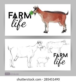 Watercolor vector illustration of goat. Farm life banner design