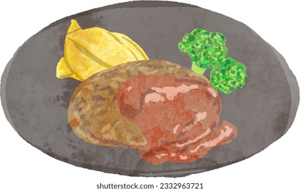 Watercolor vector illustration of hamburger steak