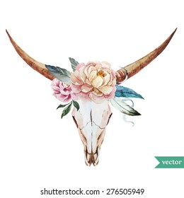 watercolor vector illustration head of a bull with peony and feathers in the style of bo-ho