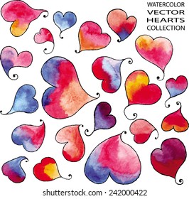 Watercolor vector illustration of hearts of rainbow colors