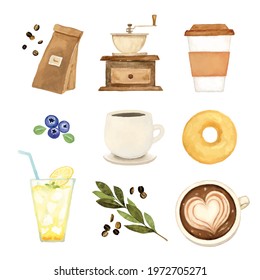 Watercolor Vector Illustration Icon Set Of Cafe Image