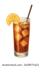 Watercolor vector illustration of Long Island Iced Tea cocktail with lemon slice and ice cubes. Vector isolated on white background, perfect for menus and bar designs.
