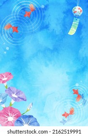 Watercolor vector illustration of morning glory, clouds and goldfish