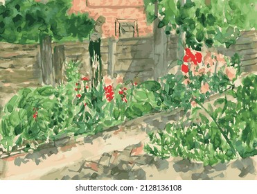 Watercolor vector illustration of pathwalk near rural house with flower beds and  trees on summer sunny day