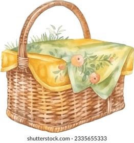 Watercolor vector illustration of picnic basket 
