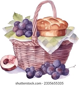 Watercolor vector illustration of picnic basket 