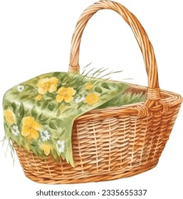 Watercolor vector illustration of picnic basket 