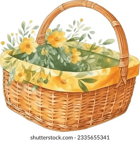 Watercolor vector illustration of picnic basket 