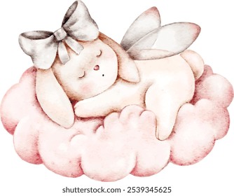 watercolor vector illustration
of pink bunny sleeping on a cloud