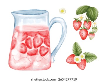 Ilustração de vetor aquarela de um jarro cheio de bebida de morango gelado, acompanhado de morangos frescos e flores.
Perfeito para designs com temas de verão