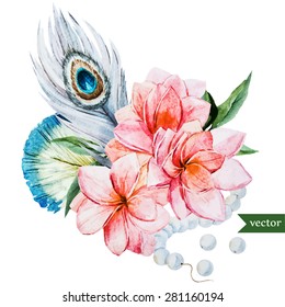 watercolor vector illustration, plumeria flowers and feathers, beads