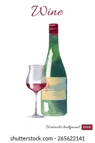 Watercolor vector illustration of red wine bottle and wine glass