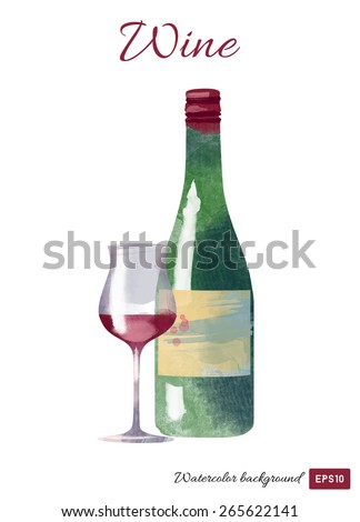 Watercolor vector illustration of red wine bottle and wine glass