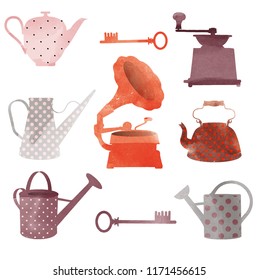Watercolor vector illustration of retro elements