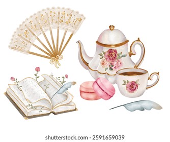 watercolor vector illustration retro teapot,
teapot, cup, macarons, fan,book and feather,vintage women's accessories, tea time, English tea, beau monde, golden vintage fan,lace fan, floral book