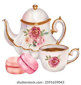 watercolor vector illustration retro teapot,
teapot, cup, macarons, fan,book and feather,vintage women's accessories, tea time, English tea, beau monde, french cookie, pink and golden, floral teapot