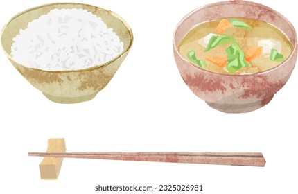 Watercolor vector illustration of rice and miso soup