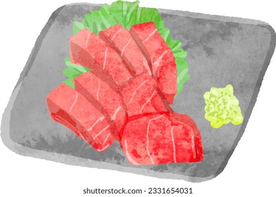 Watercolor vector illustration of sashimi of tuna