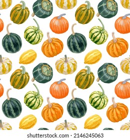 Watercolor vector illustration of seamless pattern with pumpkins.