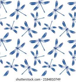 Watercolor vector illustration of seamless pattern with dragonflies.