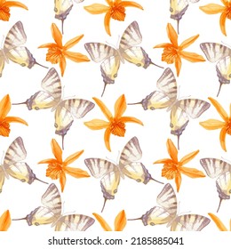 Ilustración vectorial de acuarela de patrón ininterrumpido con mariposas y flores orquídeas.