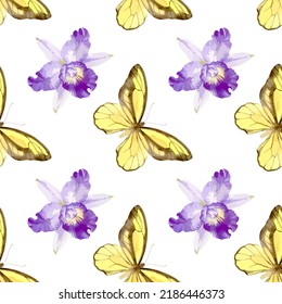 Watercolor vector illustration of seamless pattern with butterflies and orchid flowers.
