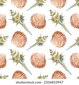 Watercolor vector illustration of seamless pattern with sea shells.