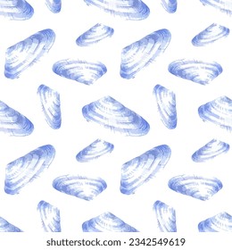 Watercolor vector illustration of seamless pattern with sea shells.