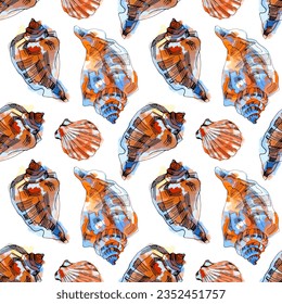 Watercolor vector illustration of seamless pattern with sea shells.