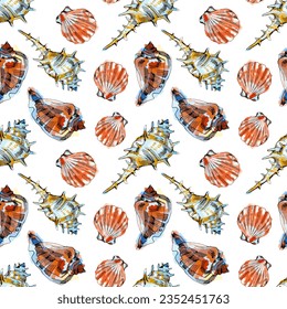 Watercolor vector illustration of seamless pattern with sea shells.