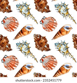 Watercolor vector illustration of seamless pattern with sea shells.