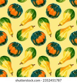 Ilustración vectorial de acuarela de patrón sin costura con calabazas.