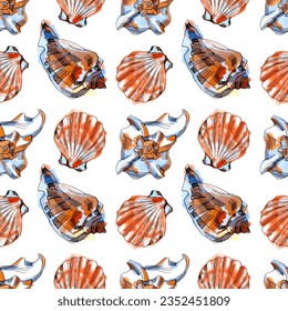 Watercolor vector illustration of seamless pattern with sea shells.