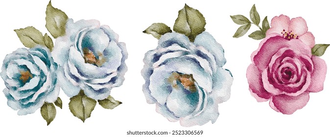 watercolor vector illustration set of 
3 flowers