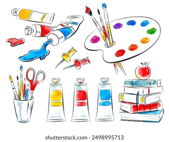 Watercolor vector illustration set of artists supplies