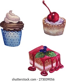 watercolor vector illustration set of cakes and desserts