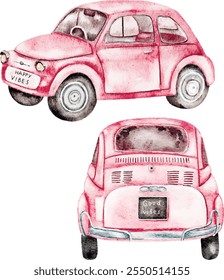 Conjunto de Ilustración vectorial de acuarela de 
Coches retro rosados lindos