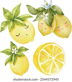 watercolor vector illustration set of 
yellow lemons with faces funny cartoonish