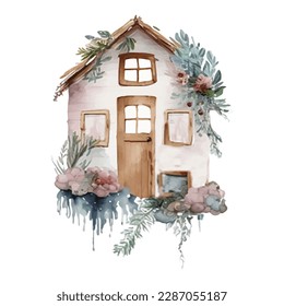 Watercolor vector illustration of a simple wooden house, rustic old one on a white background