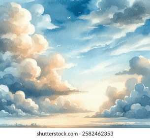 Watercolor Vector Illustration of a Sky with Clouds