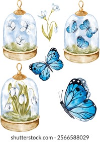 Ilustración vectorial de acuarela
Gotas de nieve en frascos y mariposas azules