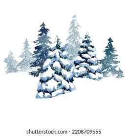 Watercolor vector illustration with snowy fir forest, isolated on white background. Winter woodland with pine trees. Perfect for Christmas card, poster or print design.