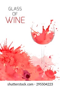 Watercolor vector illustration with splashes of red and a glass of wine for cards, menus, invitations