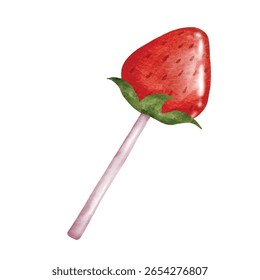 Watercolor vector illustration of a strawberry-shaped lollipop with green leaves and a pink stick.
Cute and sweet candy design for packaging, children’s products, or dessert-themed artwork.