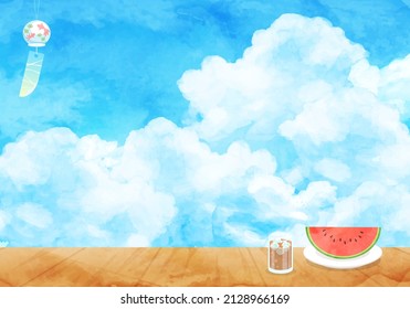 Watercolor vector illustration of summer blue sky and cumulonimbus