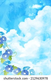 Watercolor vector illustration of summer blue sky and cumulonimbus
