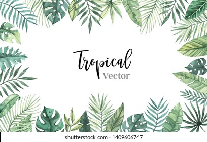 Watercolor vector illustration. Summer tropical frame with banana leaves, monstera and palm leaves. Perfect for wedding invitations, prints, postcards, posters