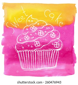 watercolor vector illustration with sweet cupcake, hand drawn